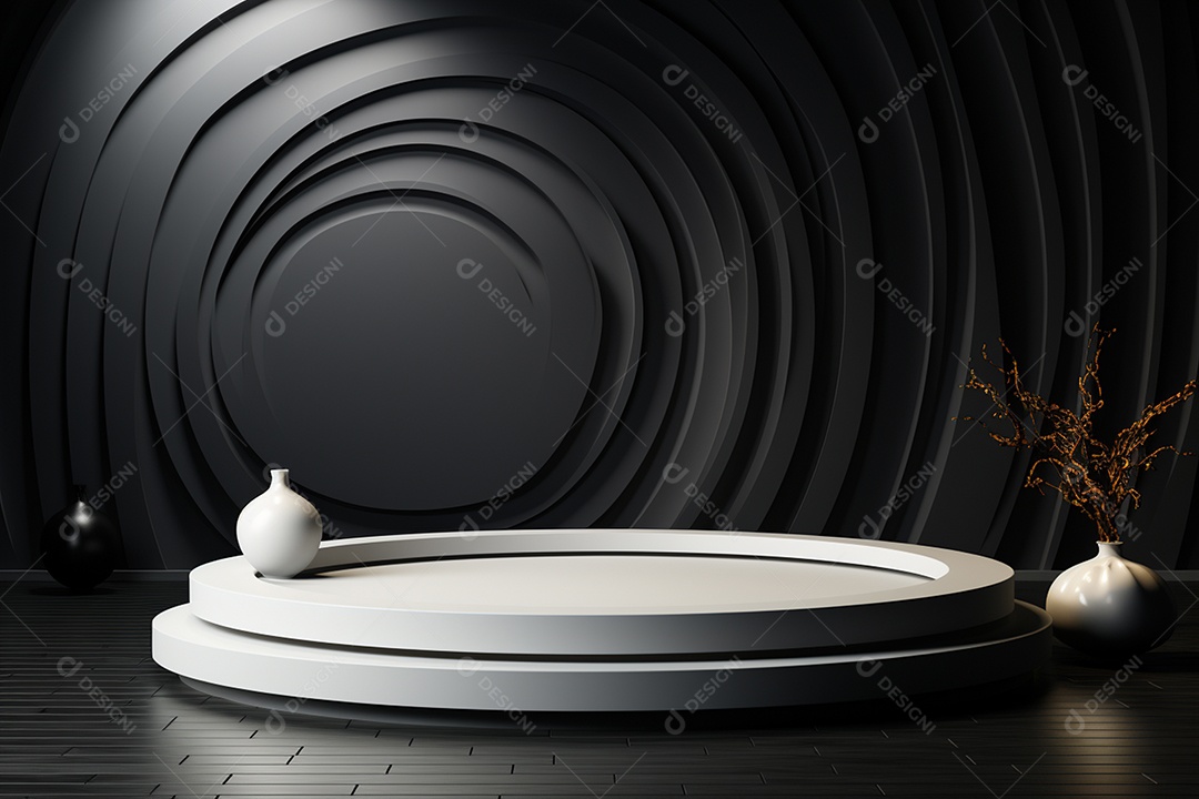 Pódio redondo com luz branca e fundo preto para simulação de imagem realista, ultra hd