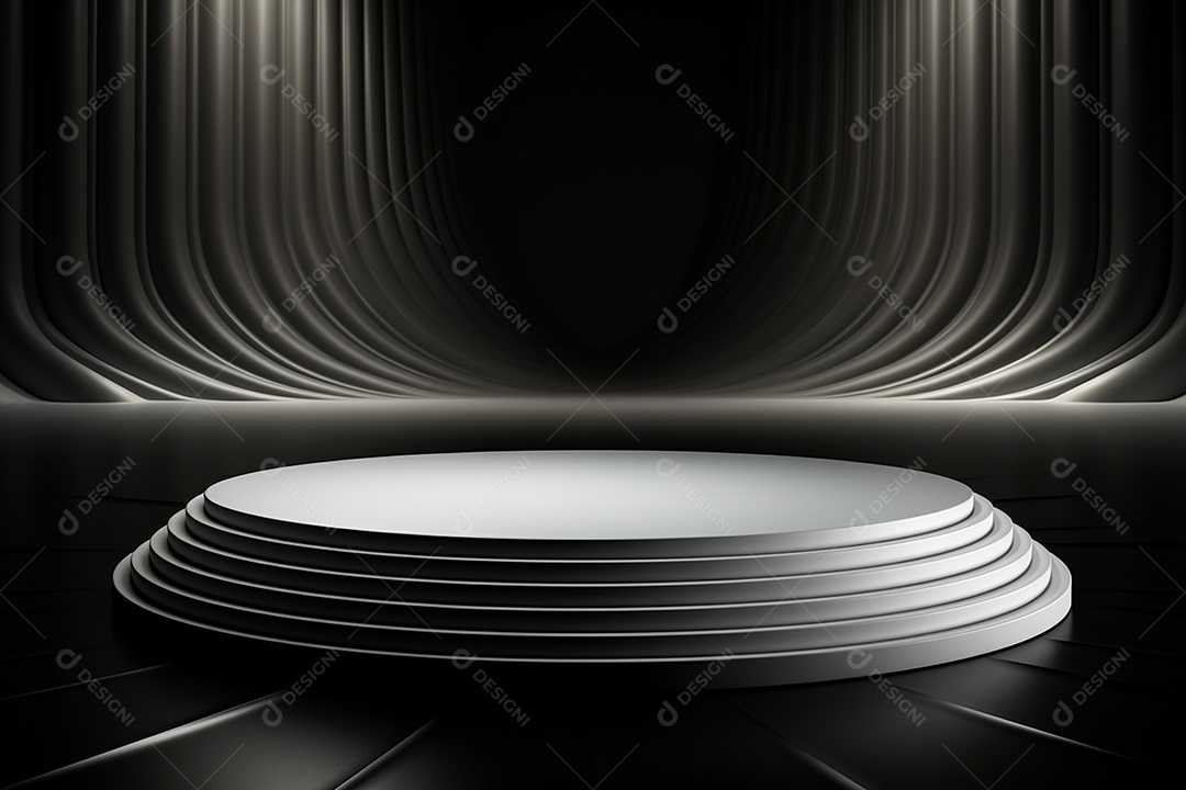 Pódio redondo com luz branca e fundo preto para simulação de imagem realista, ultra hd