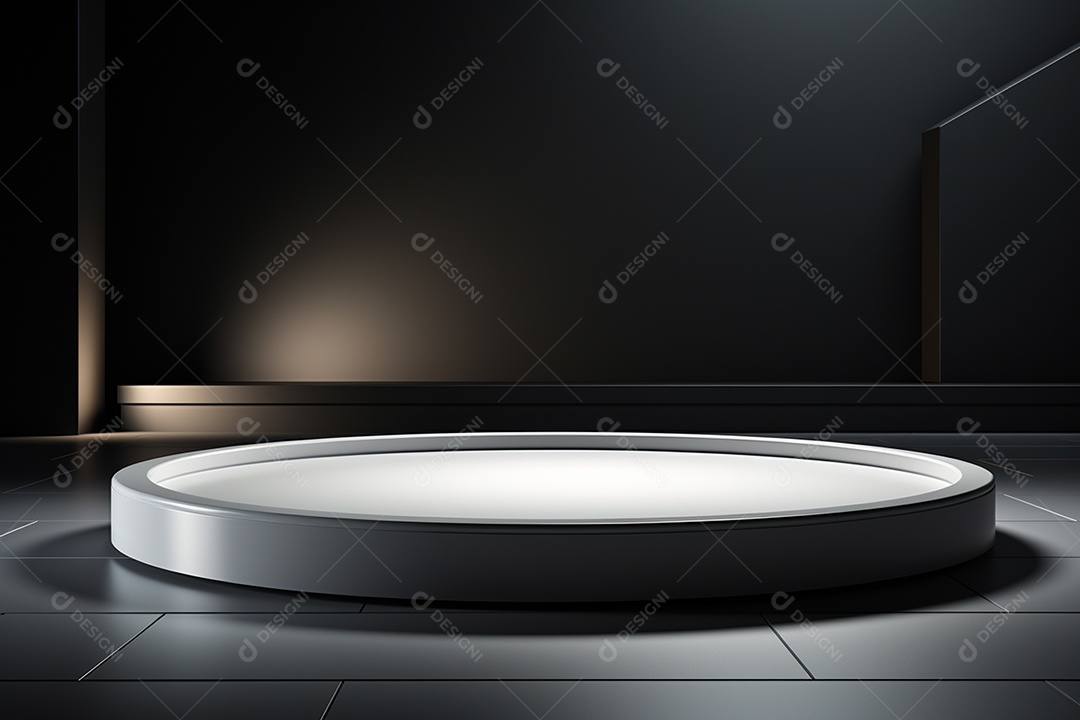 Pódio redondo com luz branca e fundo preto para simulação de imagem realista, ultra hd