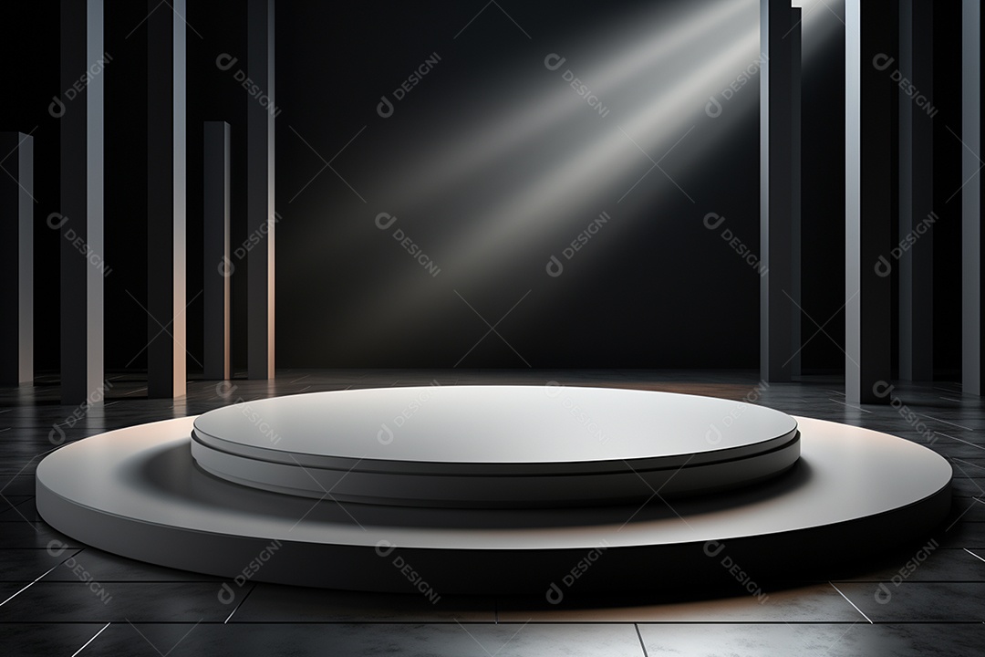 Pódio redondo com luz branca e fundo preto para simulação de imagem realista, ultra hd