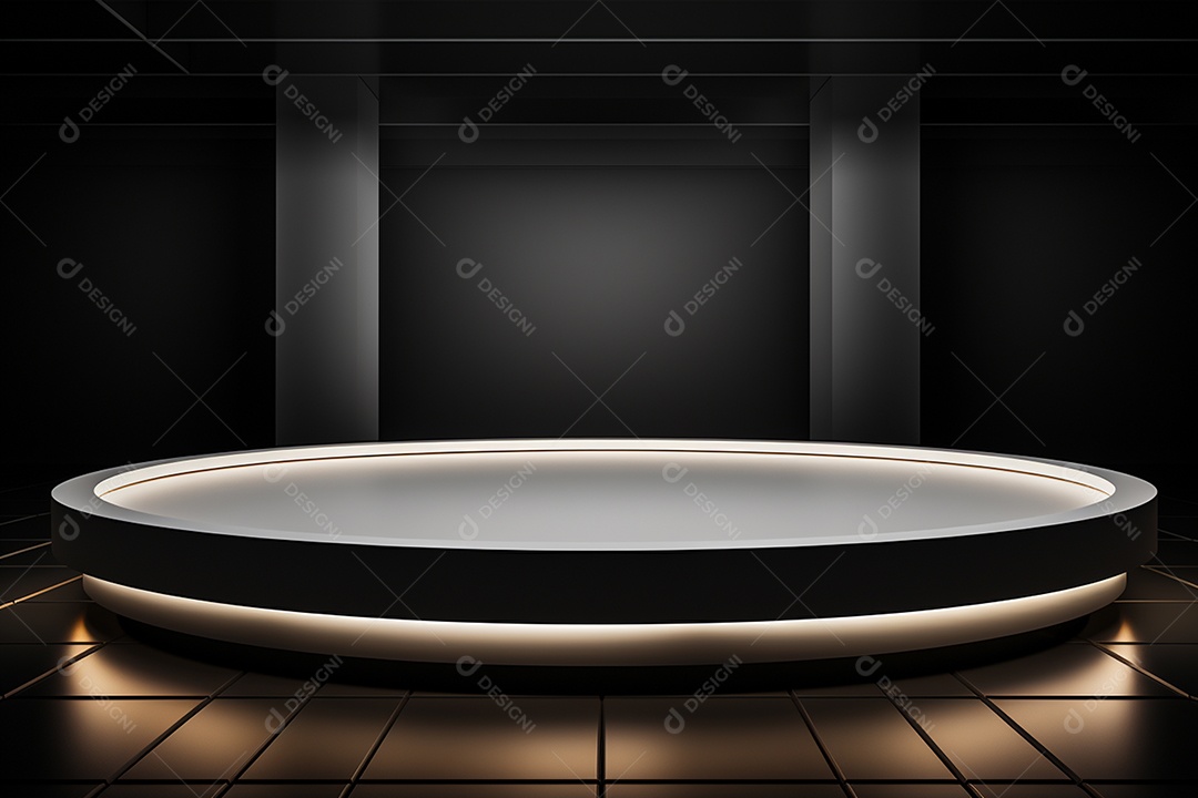 Pódio redondo com luz branca e fundo preto para simulação de imagem realista, ultra hd