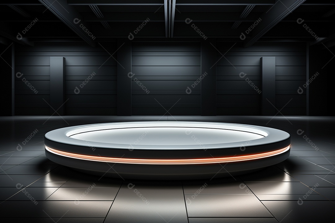 Pódio redondo com luz branca e fundo preto para simulação de imagem realista, ultra hd