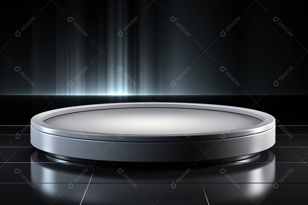 Pódio redondo com luz branca e fundo preto para simulação de imagem realista, ultra hd