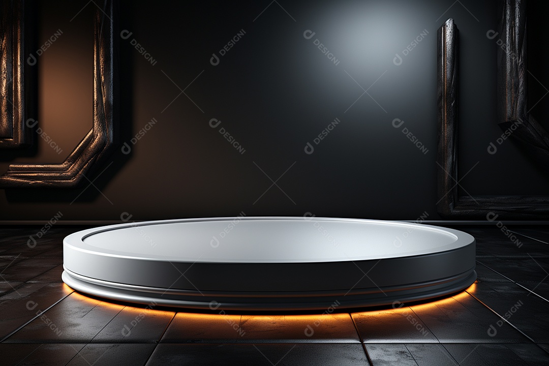 Pódio redondo com luz branca e fundo preto para simulação de imagem realista, ultra hd