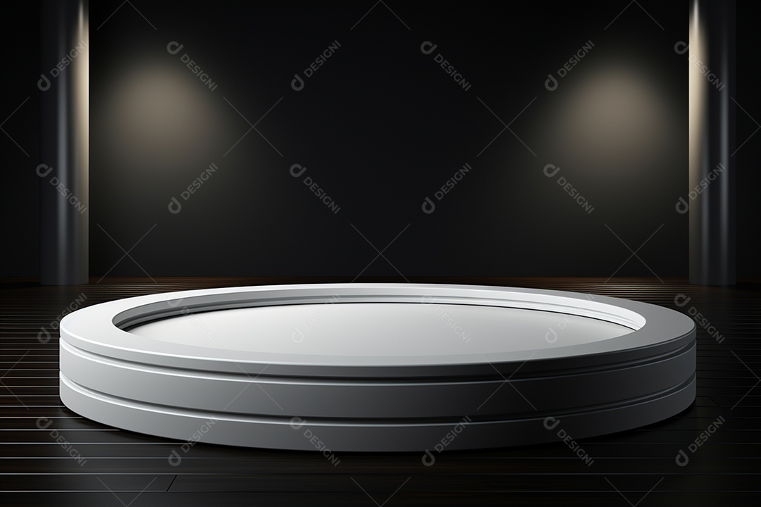 Pódio redondo com luz branca e fundo preto para simulação de imagem realista, ultra hd