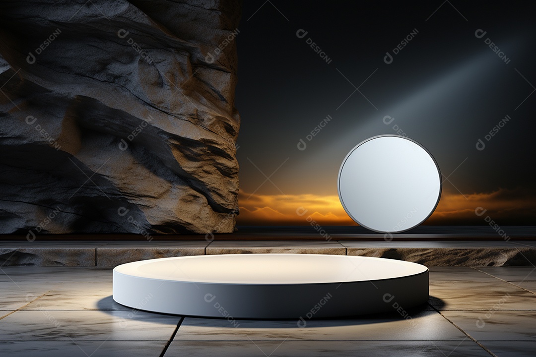 Pódio redondo com luz branca e fundo preto para simulação de imagem realista, ultra hd