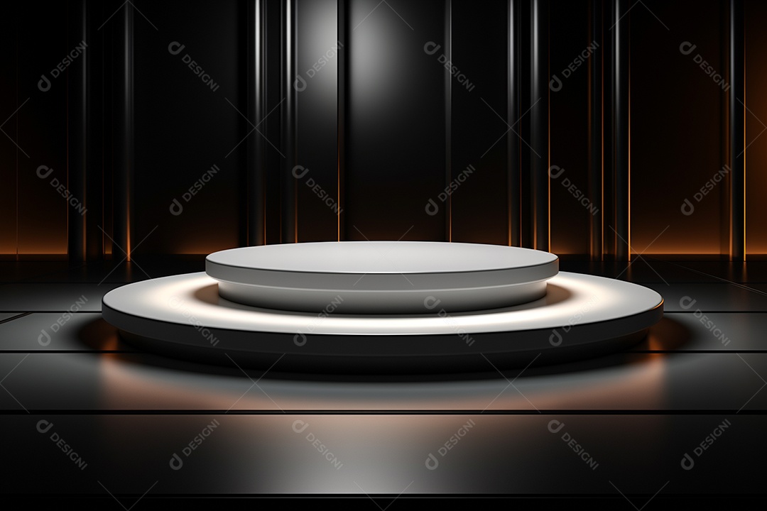 Pódio redondo com luz branca e fundo preto para simulação de imagem realista, ultra hd