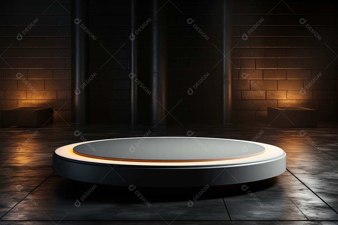 Pódio redondo com luz branca e fundo preto para simulação de imagem realista, ultra hd