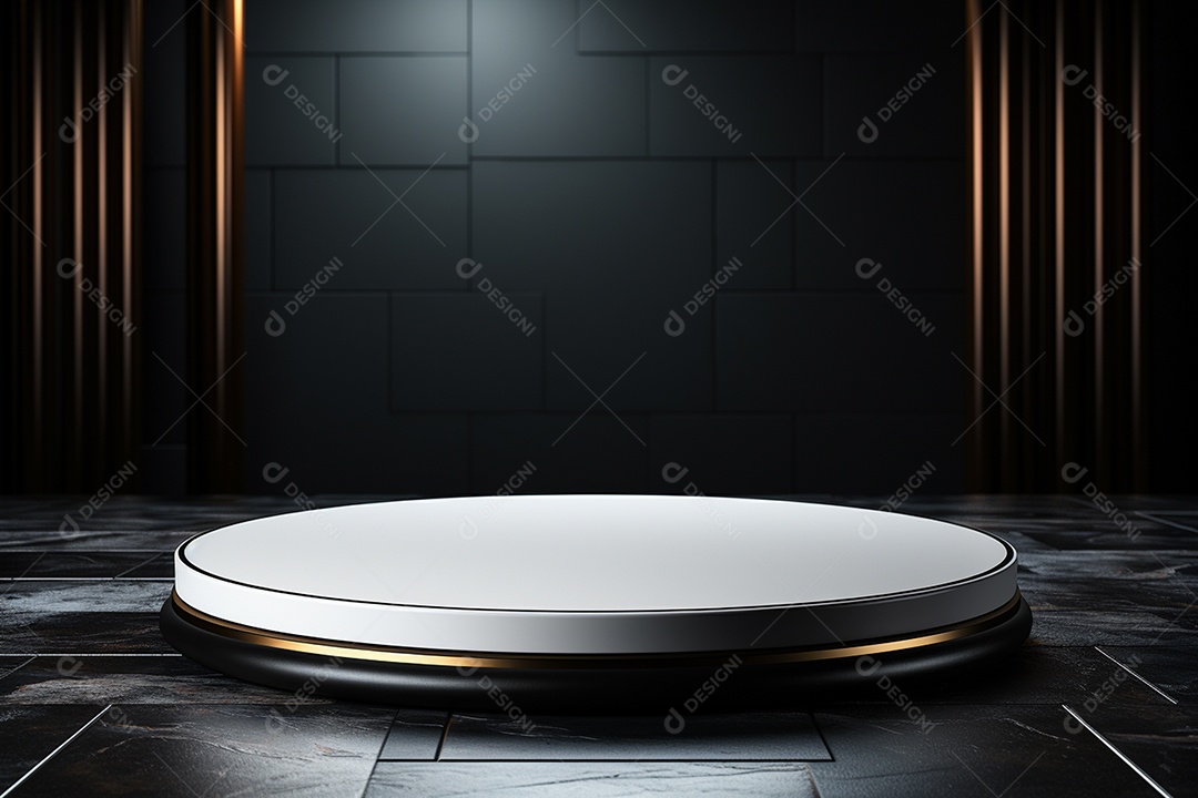 Pódio redondo com luz branca e fundo preto para simulação de imagem realista, ultra hd