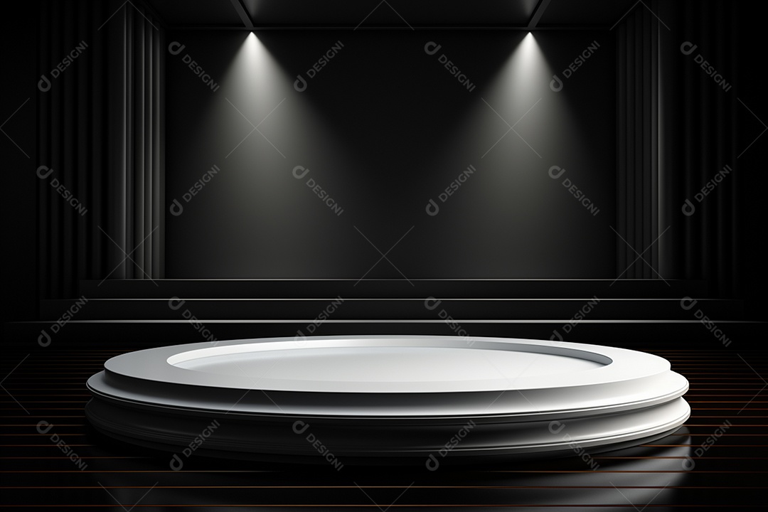 Pódio redondo com luz branca e fundo preto para simulação de imagem realista, ultra hd