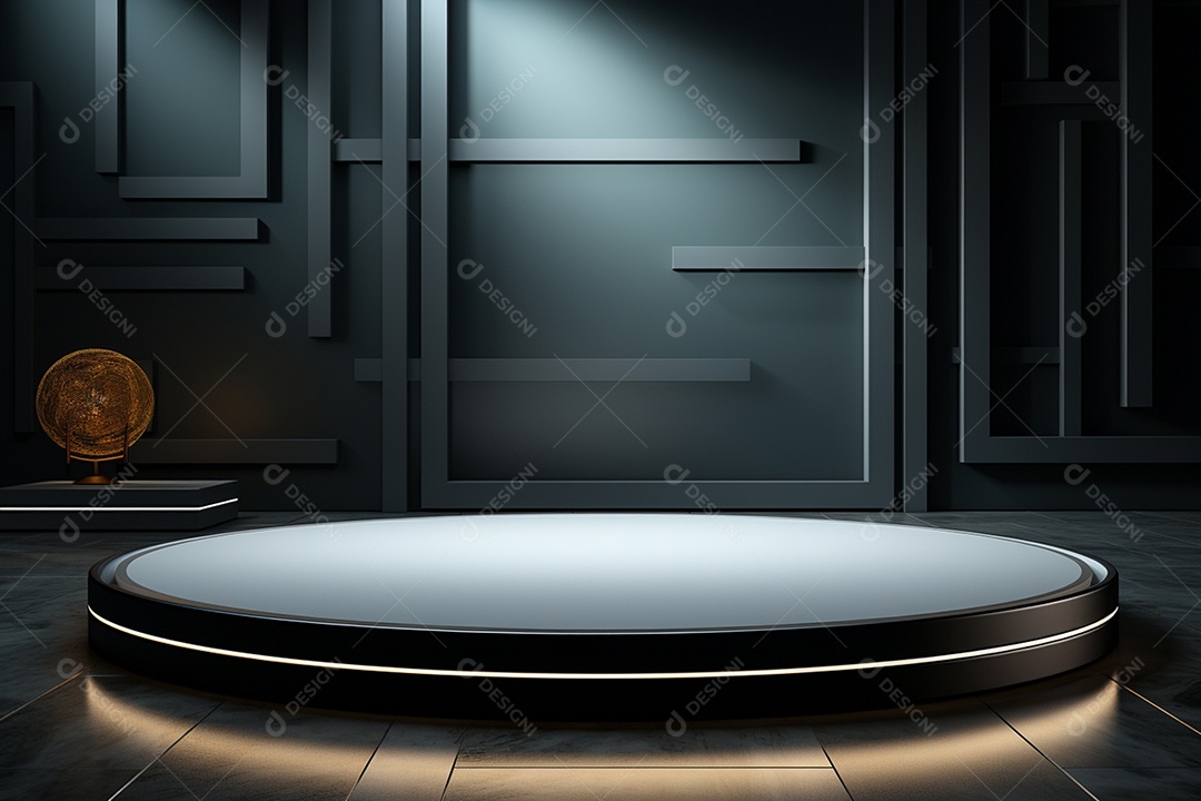 Pódio redondo com luz branca e fundo preto para simulação de imagem realista, ultra hd