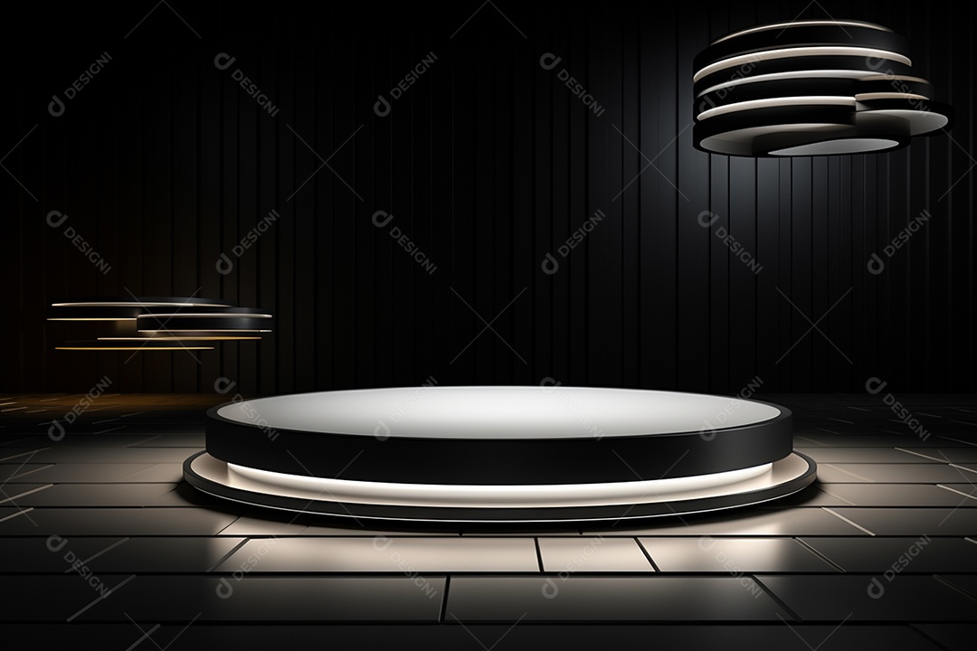 Pódio redondo com luz branca e fundo preto para simulação de imagem realista, ultra hd