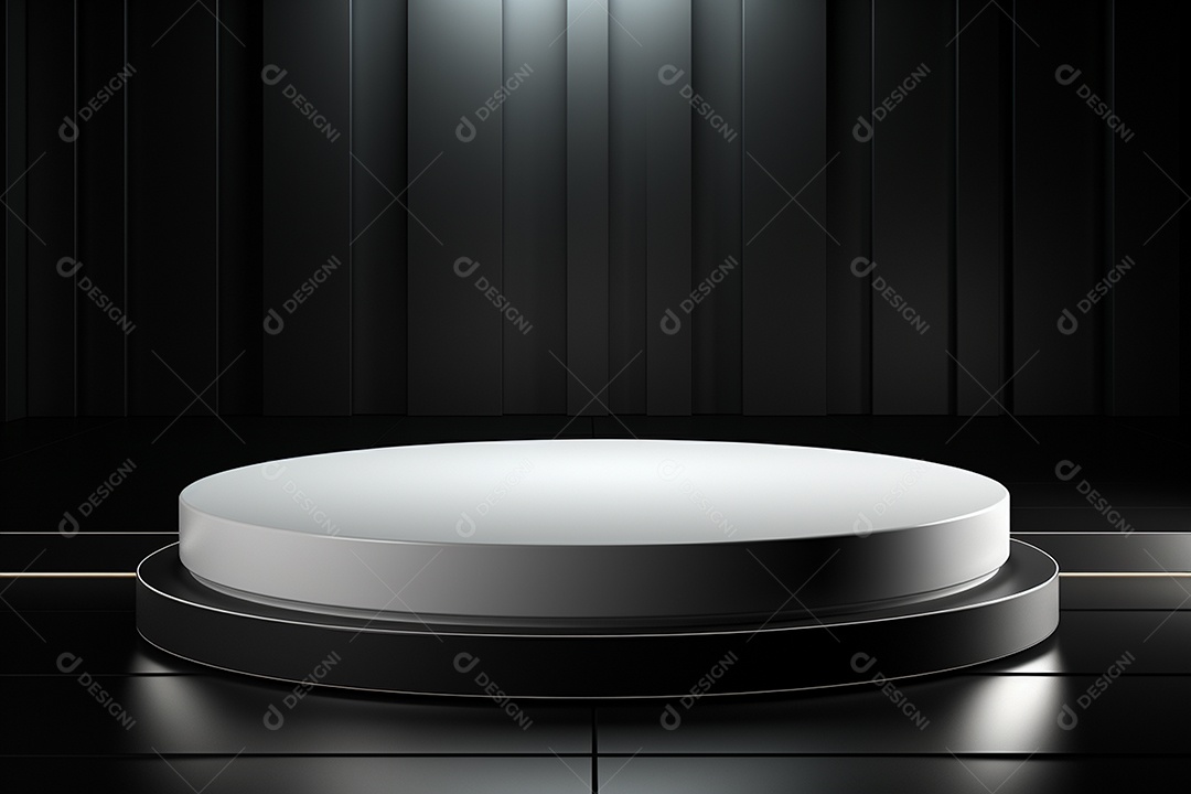 Pódio redondo com luz branca e fundo preto para simulação de imagem realista, ultra hd