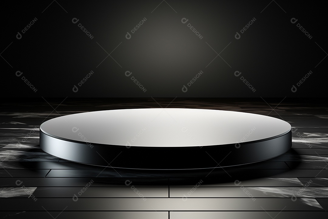 Pódio redondo com luz branca e fundo preto para simulação de imagem realista, ultra hd