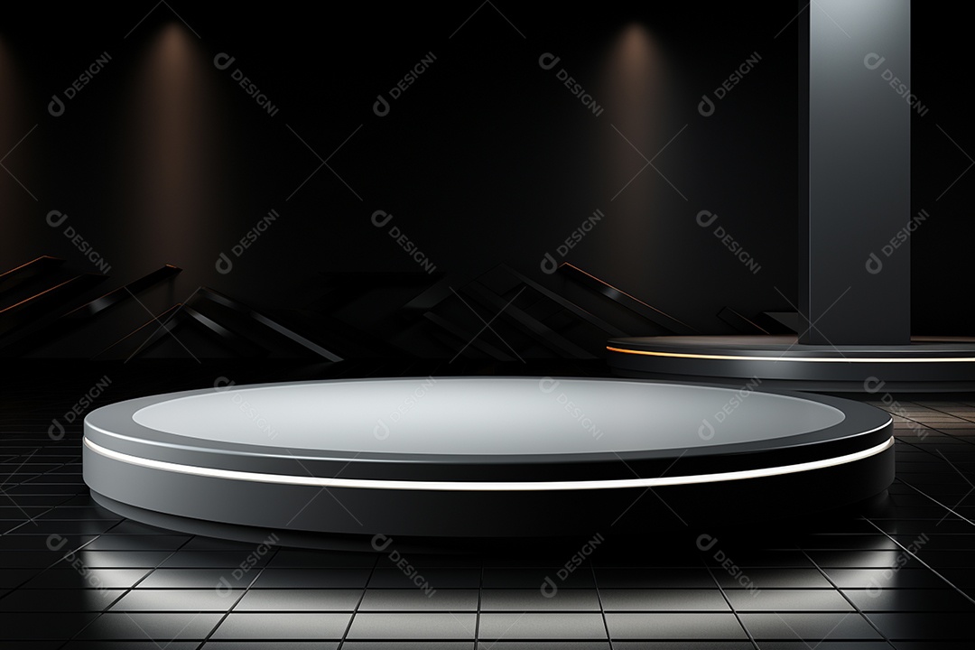 Pódio redondo com luz branca e fundo preto para simulação de imagem realista, ultra hd