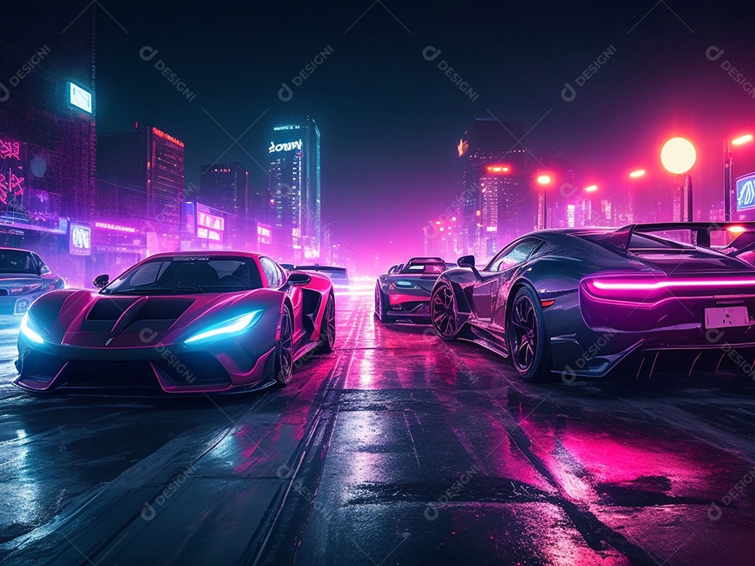 Carros esportivos sobre ruas desertas