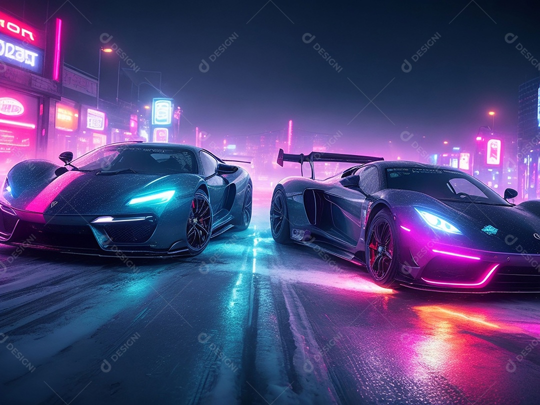 Carros esportivos sobre ruas desertas