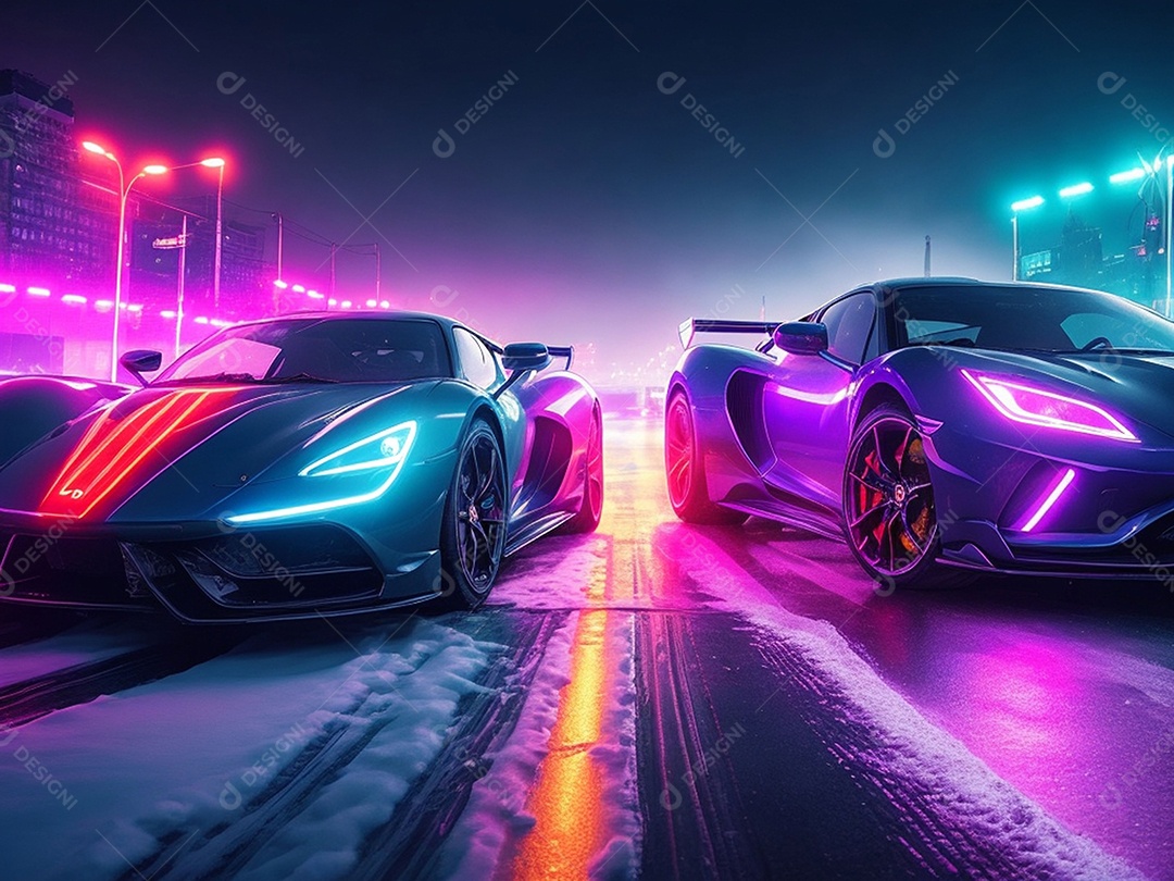 Carros esportivos sobre ruas desertas