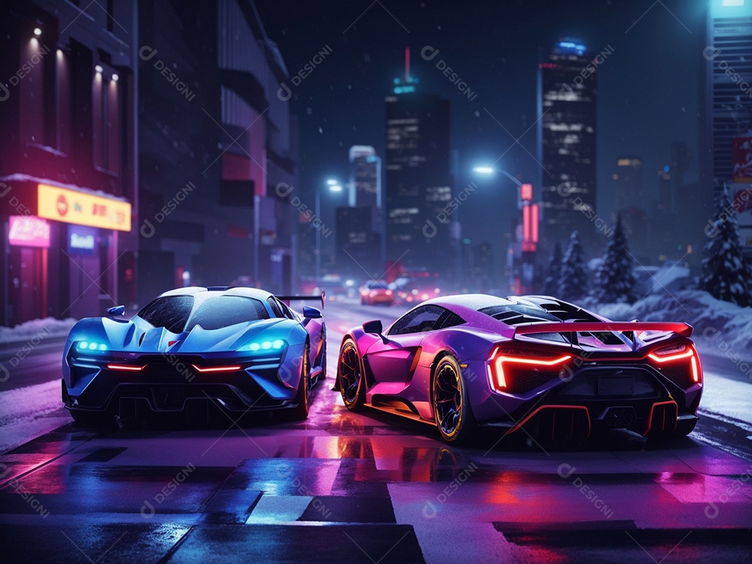 Carros esportivos sobre ruas desertas