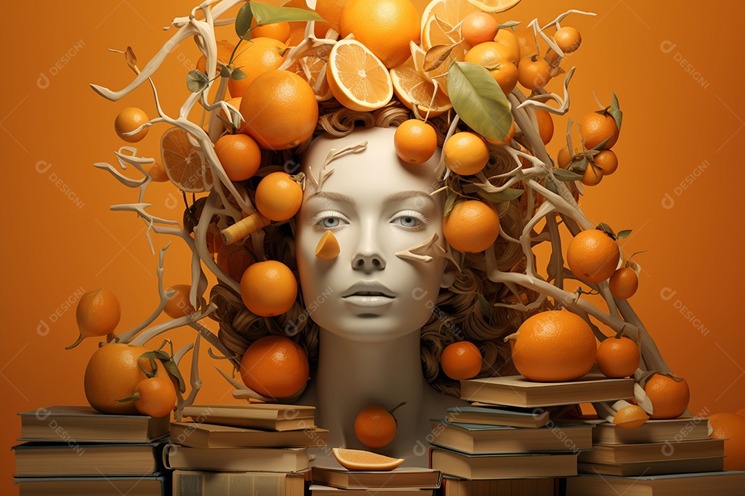 Uma escultura da cabeça de uma mulher cercada por laranja e livros