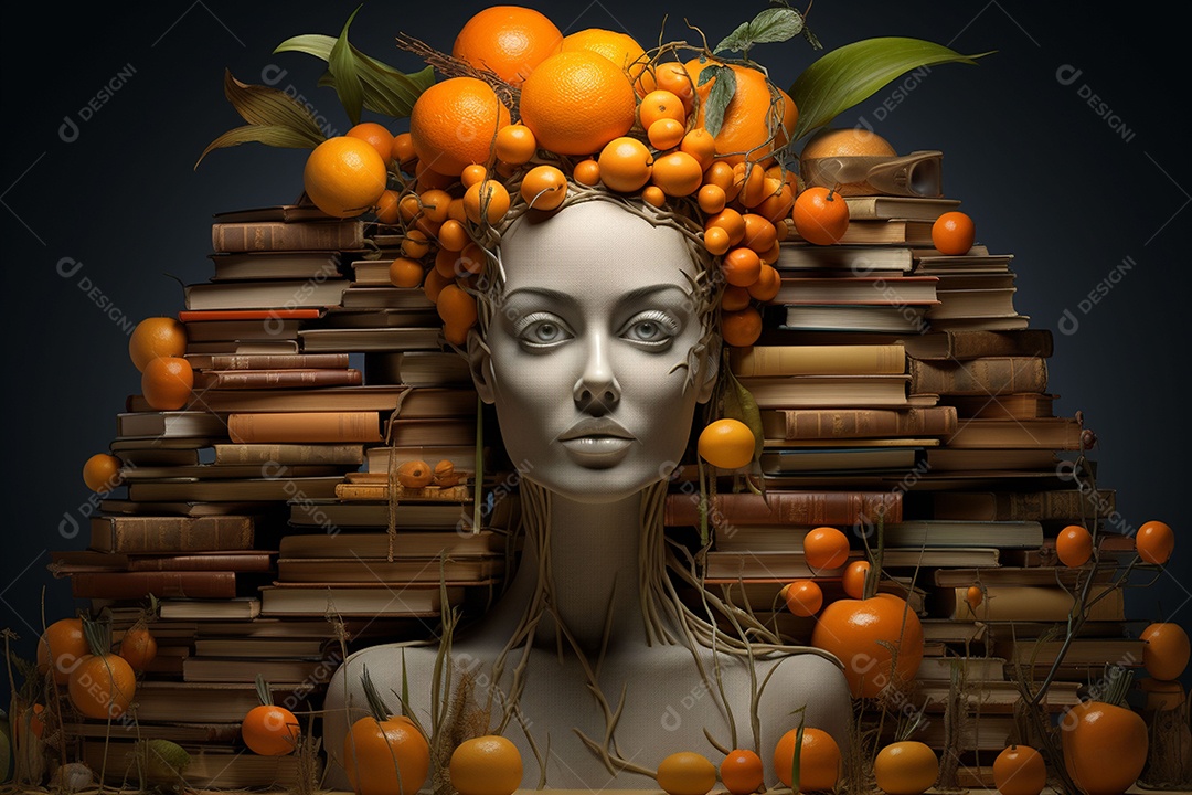 Uma escultura da cabeça de uma mulher cercada por laranja e livros