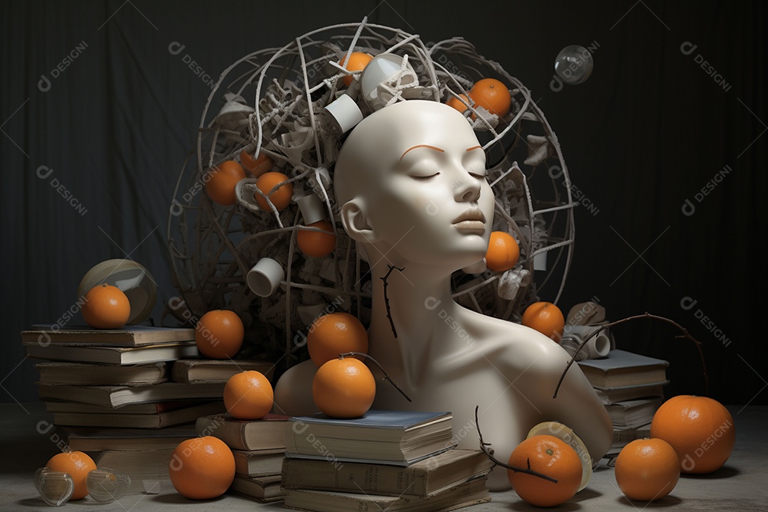 Uma escultura da cabeça de uma mulher cercada por laranja e livros