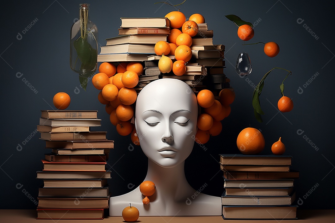 Uma escultura da cabeça de uma mulher cercada por laranja e livros