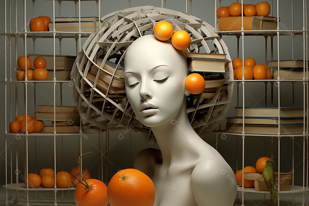 Uma escultura da cabeça de uma mulher cercada por laranja e livros