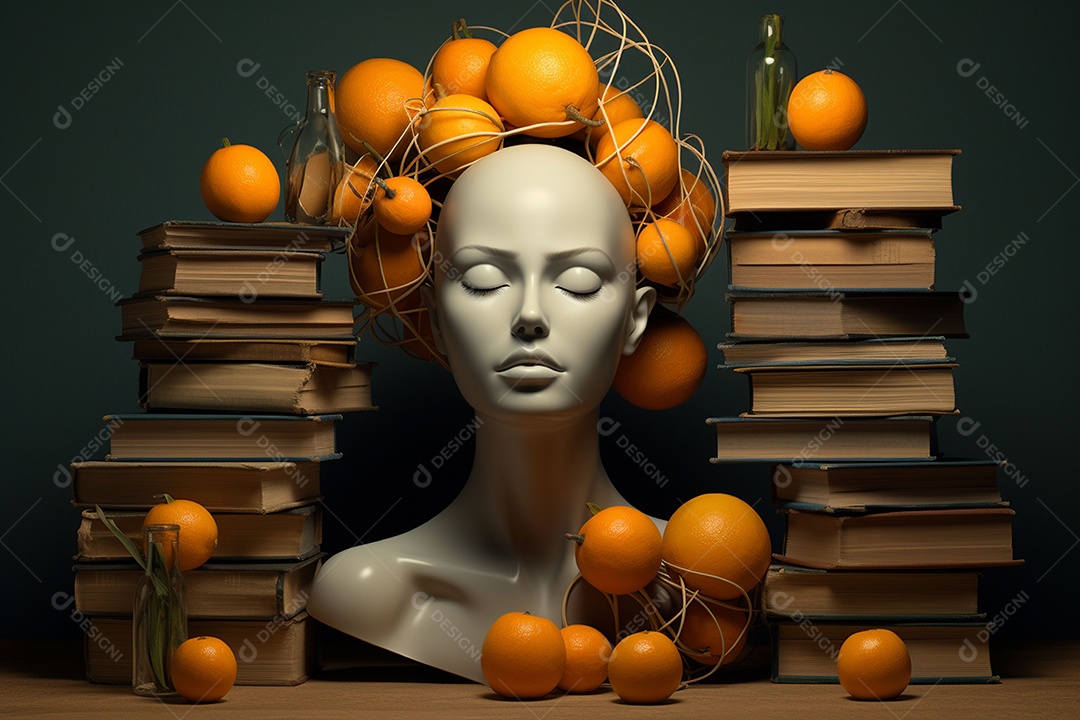 Uma escultura da cabeça de uma mulher cercada por laranja e livros