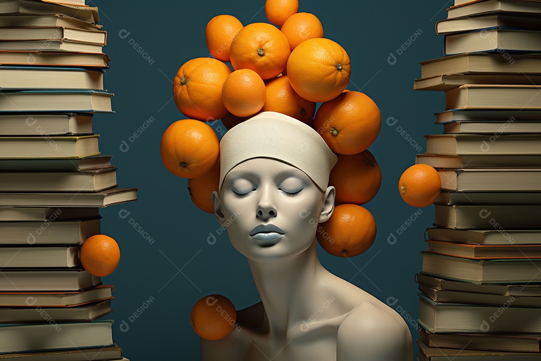 Uma escultura da cabeça de uma mulher cercada por laranja e livros