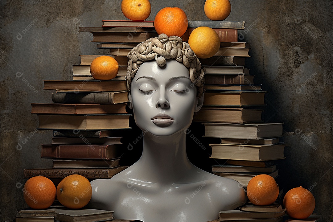 Uma escultura da cabeça de uma mulher cercada por laranja e livros