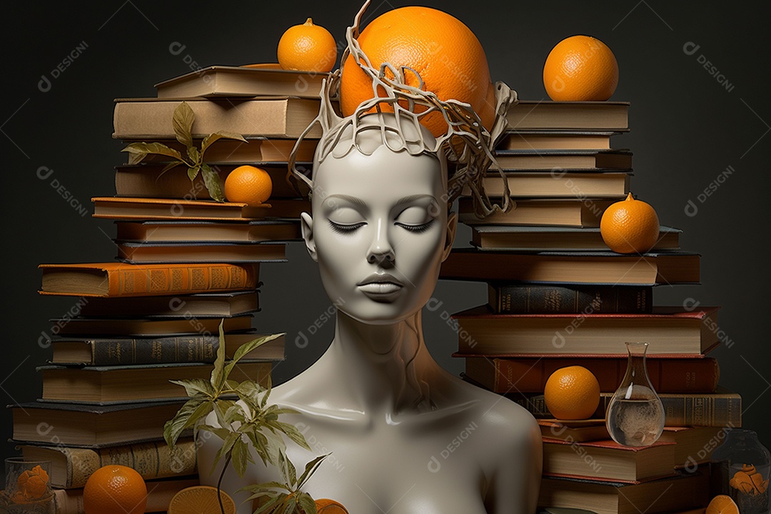 Uma escultura da cabeça de uma mulher cercada por laranja e livros