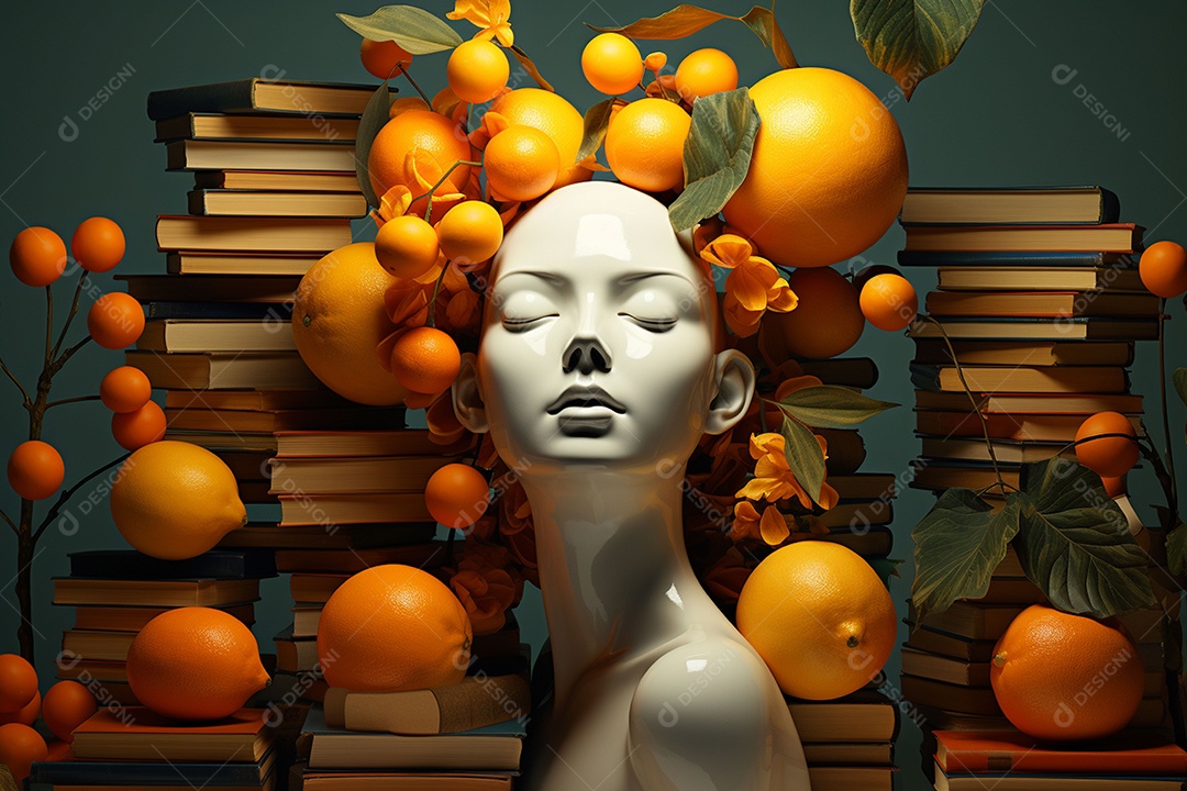 Uma escultura da cabeça de uma mulher cercada por laranja e livros