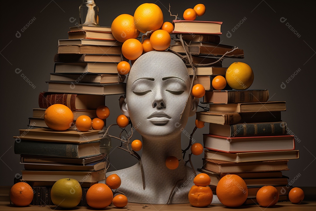 Uma escultura da cabeça de uma mulher cercada por laranja e livros