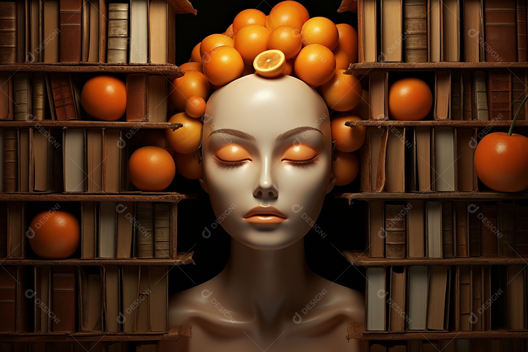 Uma escultura da cabeça de uma mulher cercada por laranja e livros