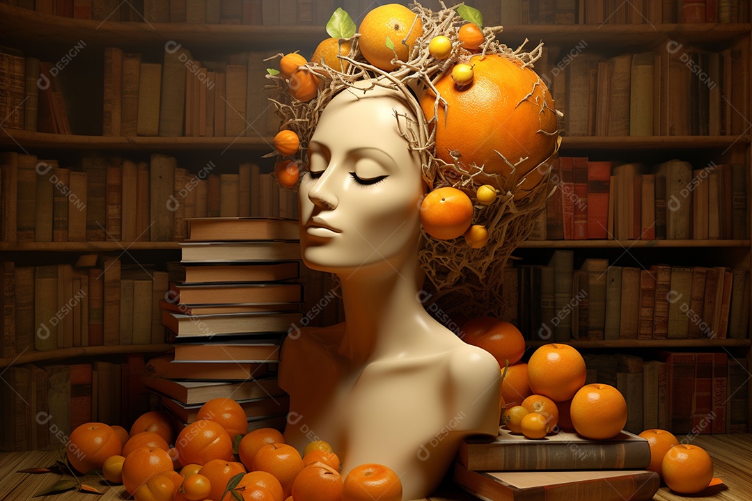 Uma escultura da cabeça de uma mulher cercada por laranja e livros