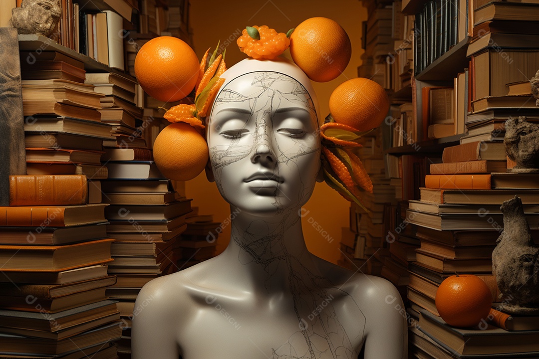 Uma escultura da cabeça de uma mulher cercada por laranja e livros