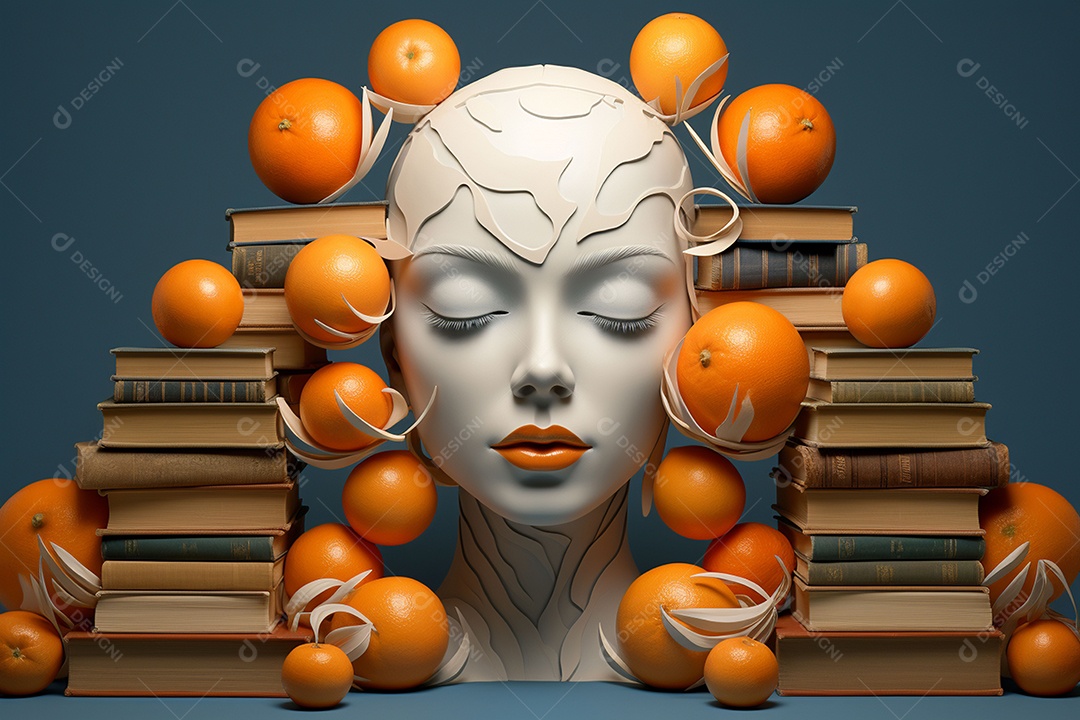 Uma escultura da cabeça de uma mulher cercada por laranja e livros