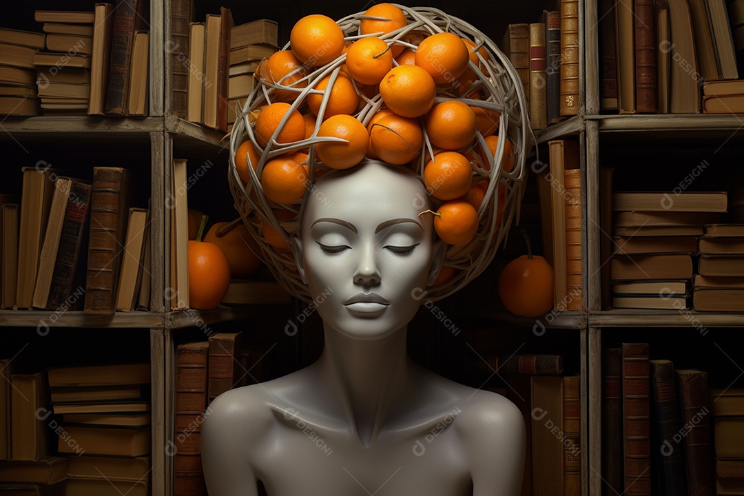 Uma escultura da cabeça de uma mulher cercada por laranja e livros