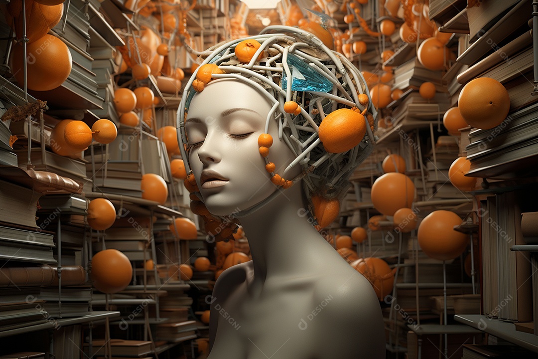 Uma escultura da cabeça de uma mulher cercada por laranja e livros