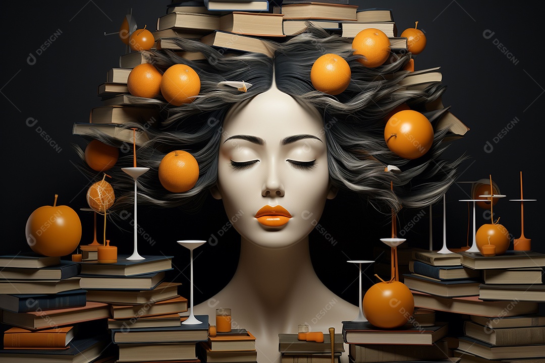 Uma escultura da cabeça de uma mulher cercada por laranja e livros