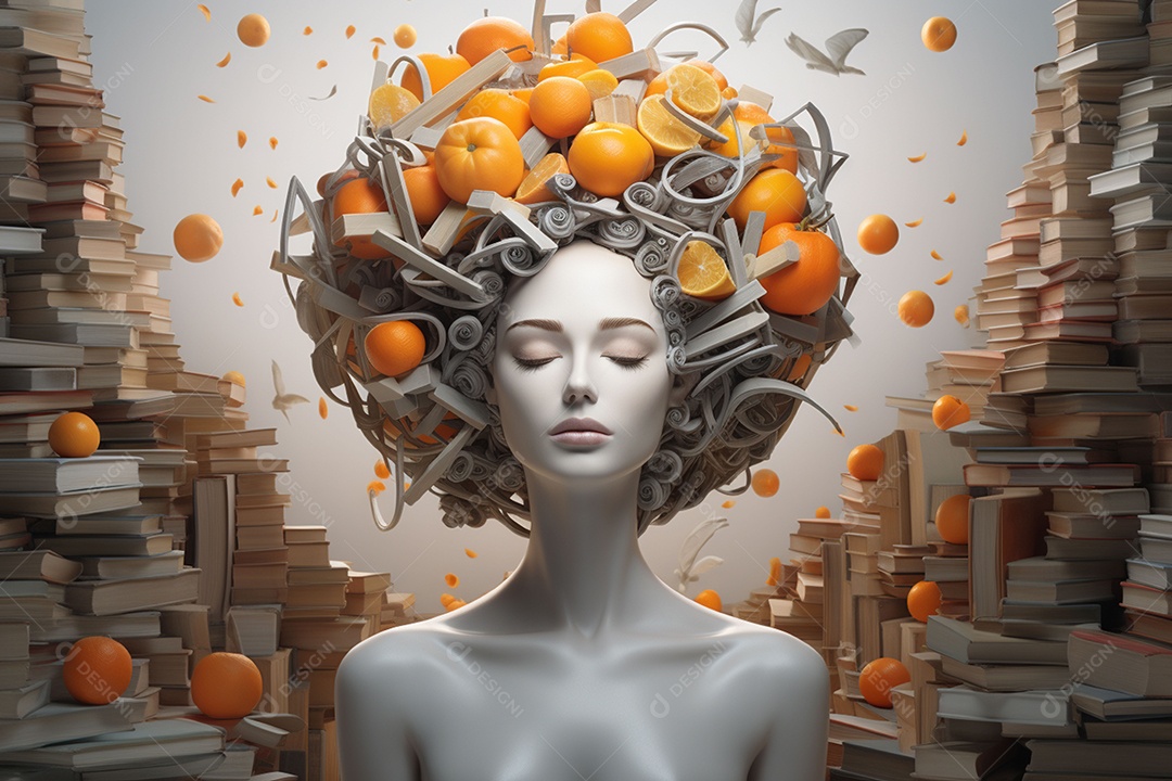 Uma escultura da cabeça de uma mulher cercada por laranja e livros