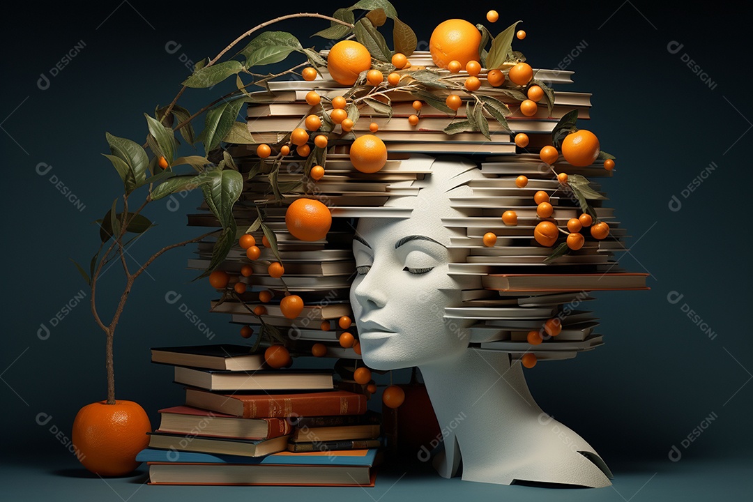 Uma escultura da cabeça de uma mulher cercada por laranja e livros