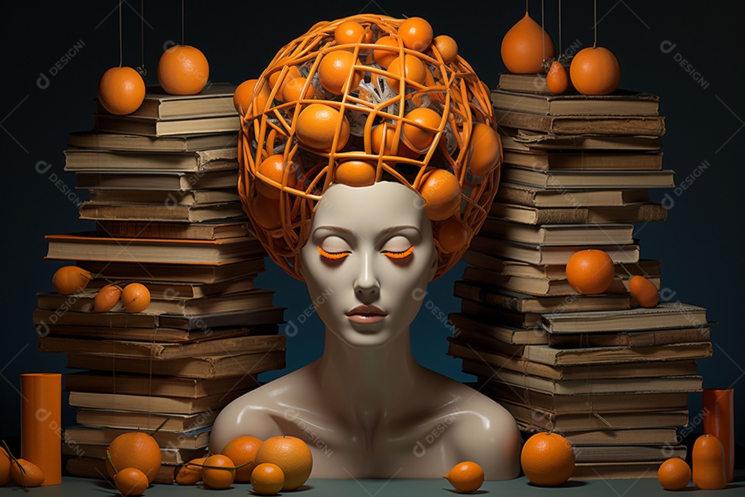 Uma escultura da cabeça de uma mulher cercada por laranja e livros