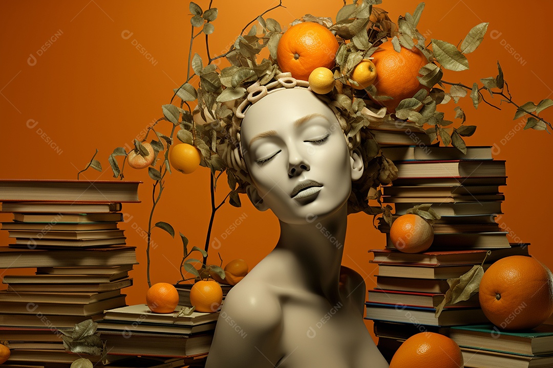 Uma escultura da cabeça de uma mulher cercada por laranja e livros