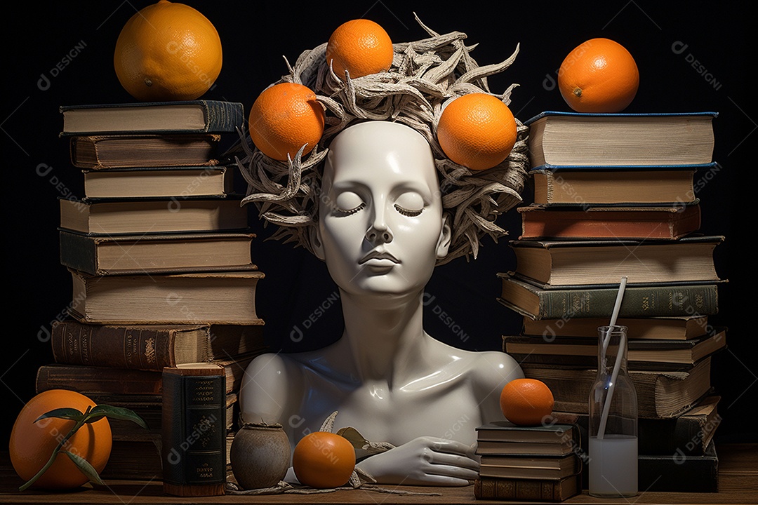 Uma escultura da cabeça de uma mulher cercada por laranja e livros