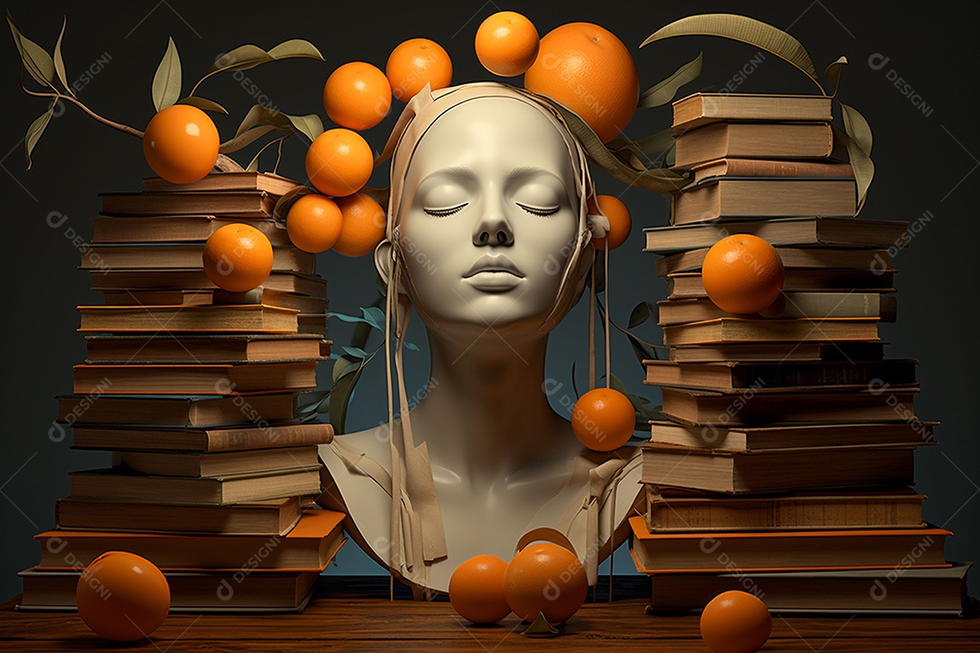 Uma escultura da cabeça de uma mulher cercada por laranja e livros