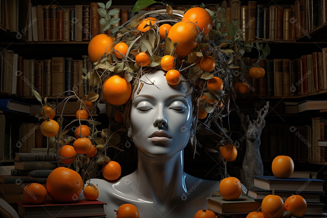 Uma escultura da cabeça de uma mulher cercada por laranja e livros