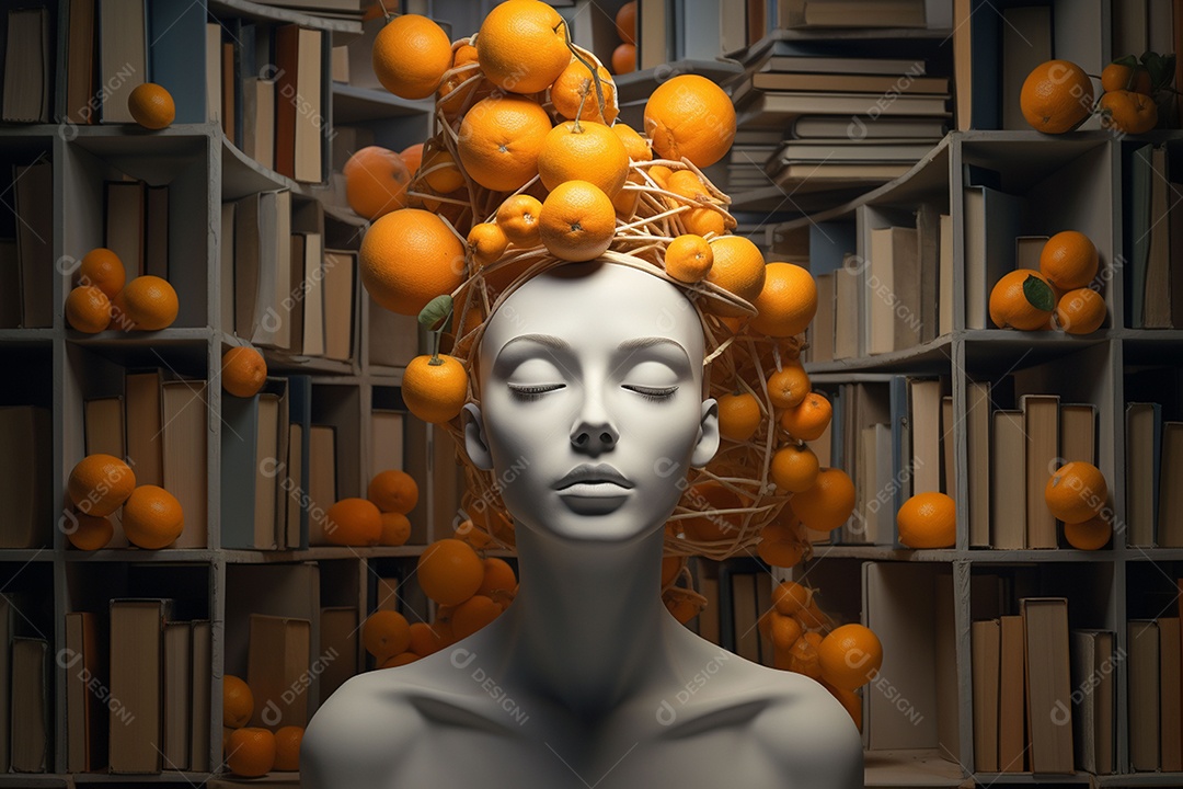 Uma escultura da cabeça de uma mulher cercada por laranja e livros