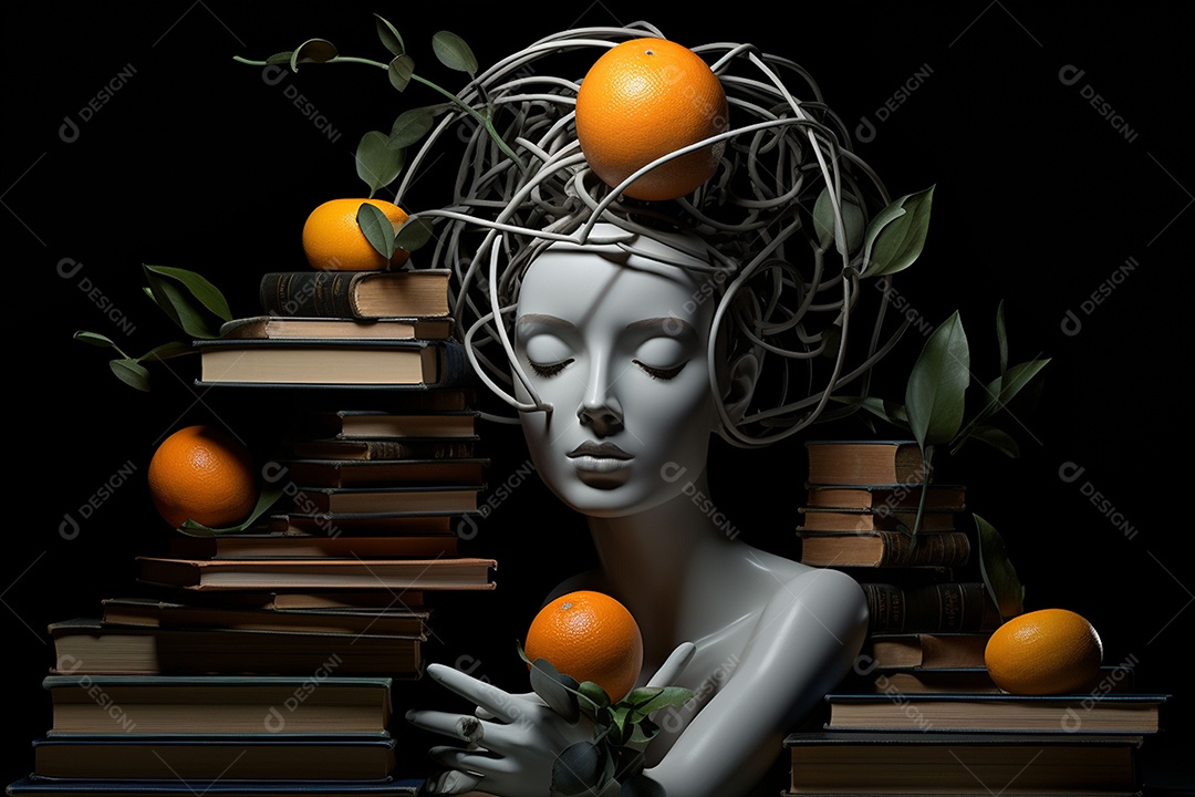 Uma escultura da cabeça de uma mulher cercada por laranja e livros